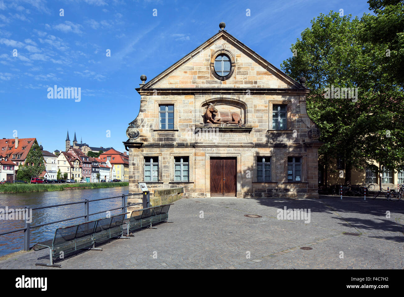 Alten Schlachthof, Rinderhalle Pegnitz Fluss in Bamberg, jetzt Universitätsgebäude, Bamberg, Franken, Oberbayern Stockfoto