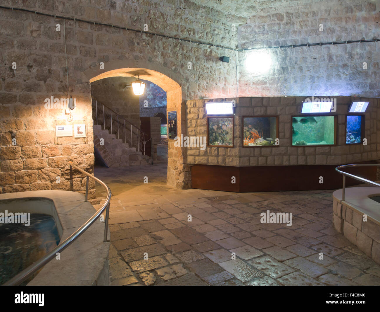 Zusätzlich zeigt das Mittelmeer leben, hat das Aquarium in Dubrovnik Kroatien eine imposante Haus in der alten Festungsmauern Stockfoto