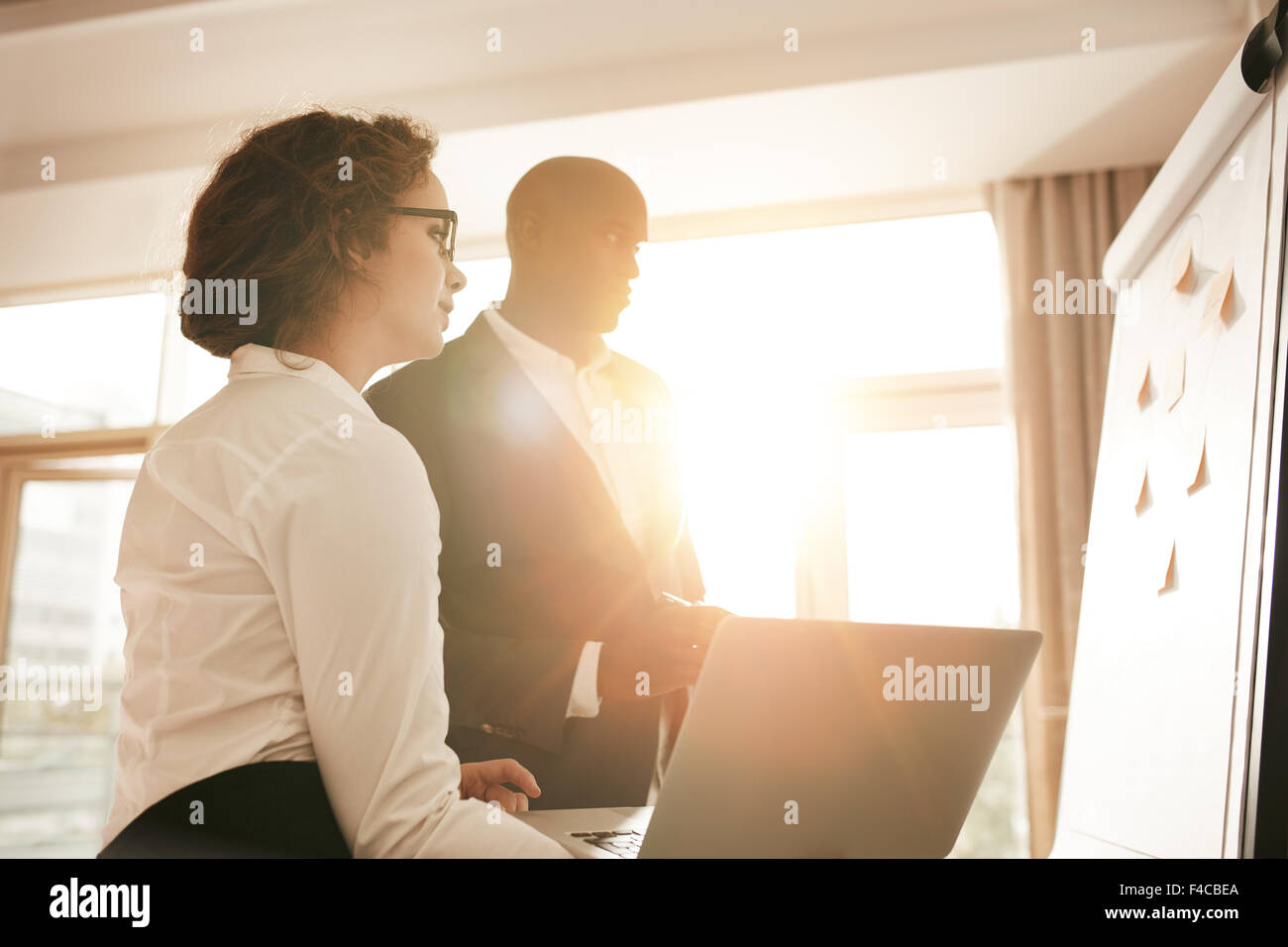 Business-Team während einer Präsentation im Konferenzraum. männliche und weibliche Mitarbeiter arbeiten gemeinsam an neuen Business-Projekte Stockfoto