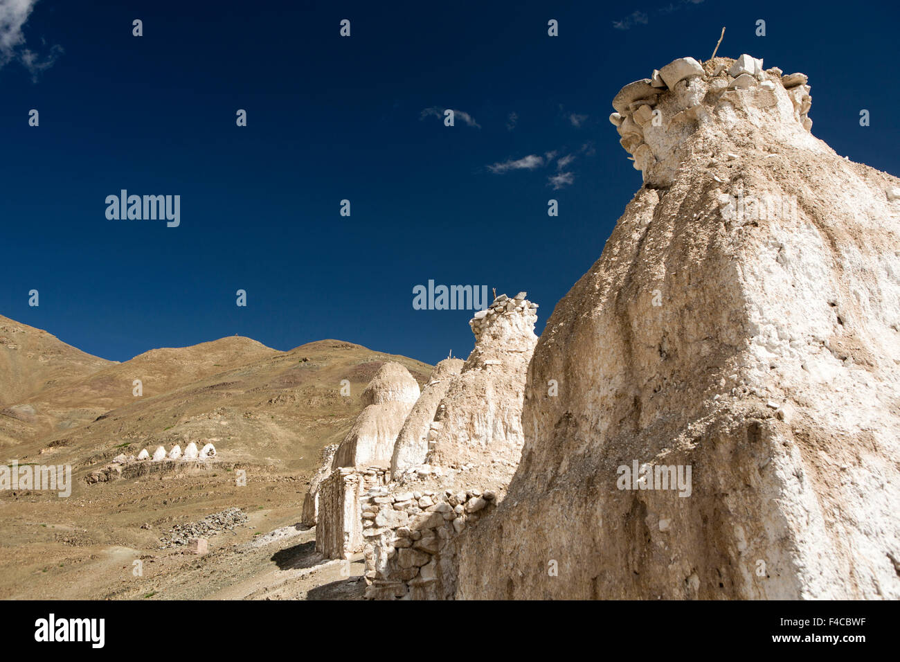 Indien, Jammu & Kashmir, Ladakh, Stok, Linien der weiß getünchten Chörten am Hang über dem Palast Stockfoto