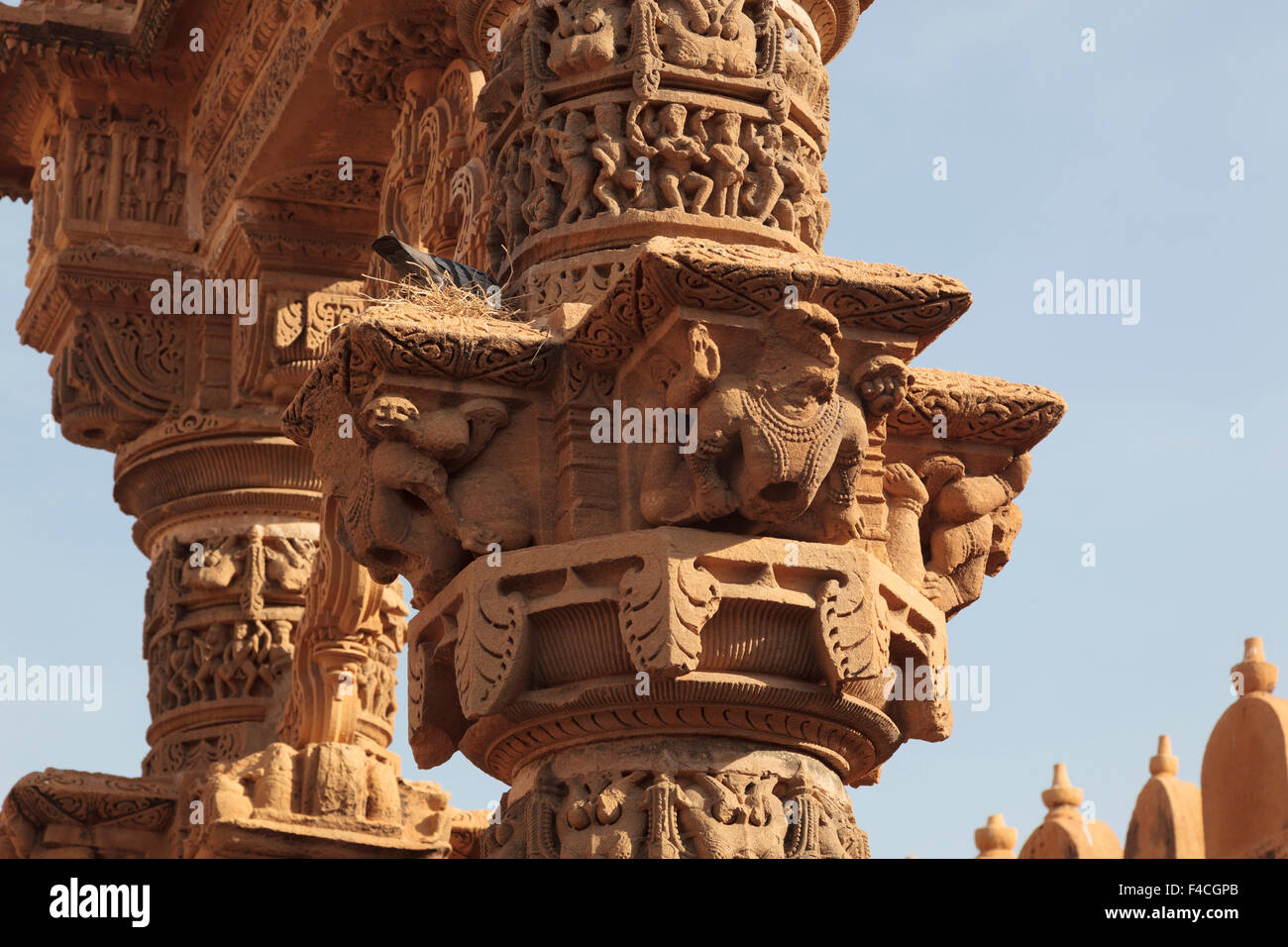 Indien, Rajasthan, Jaisalmer. Vögel nisten auf alten Felsen schnitzen an der Jain-Tempel. Stockfoto