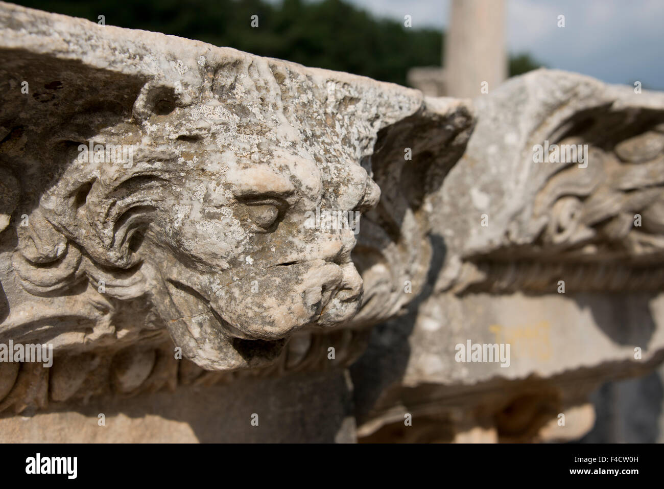 Türkei, Kusadasi, Ephesus. Geschnitzten Marmor Löwenkopf auf antiken Ruinen entlang der "Marmor Weg." (Großformatige Größen erhältlich). Stockfoto