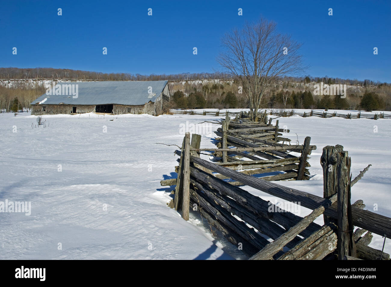 Kanada, Ontario, Sheguindah. Split-Zaun und Stall im Winter. Kredit als: Mike Grandmaison / Jaynes Galerie / DanitaDelimont.com Stockfoto