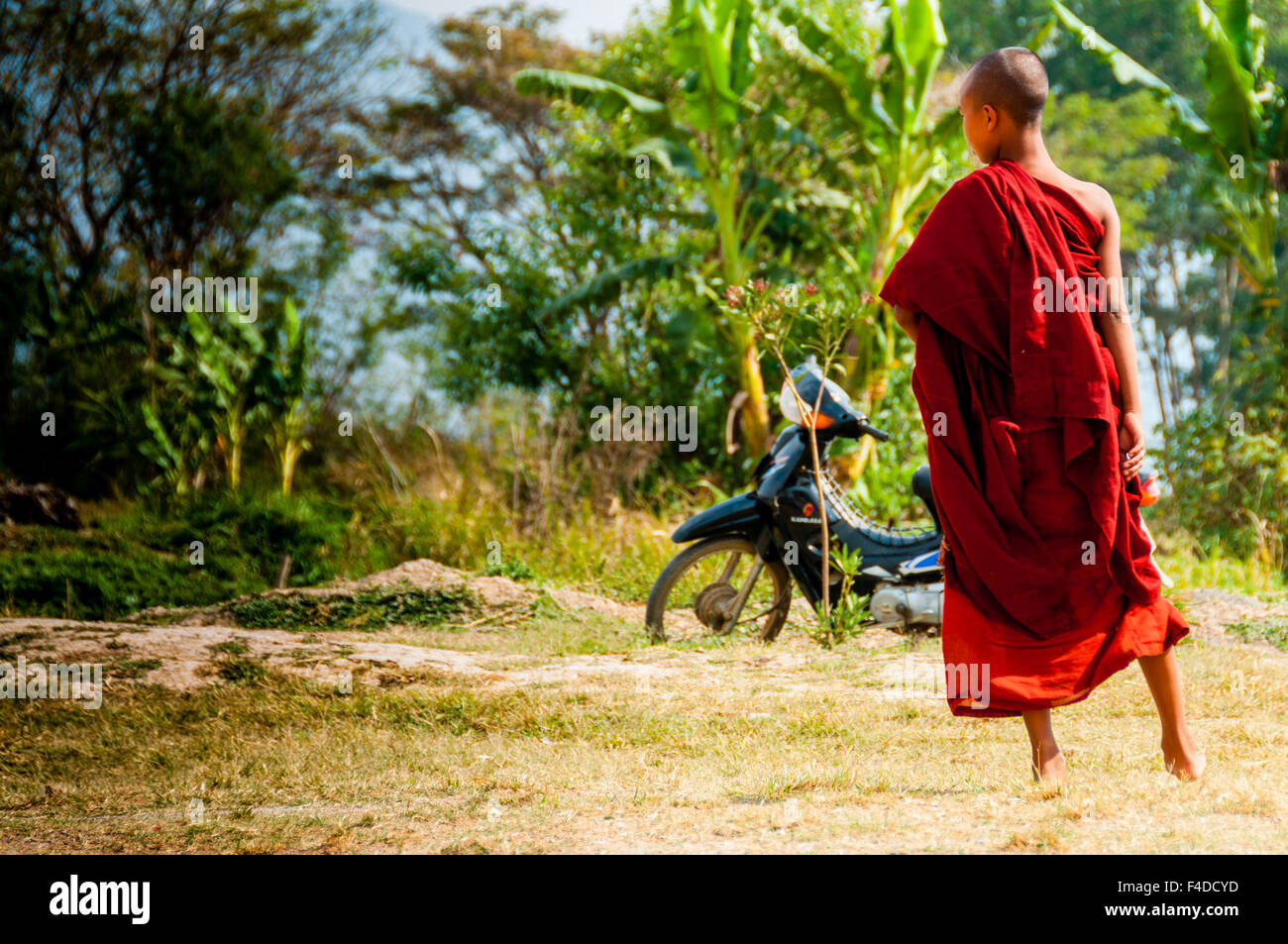 Junger Mönch im roten Gewand stehen außerhalb Stockfoto