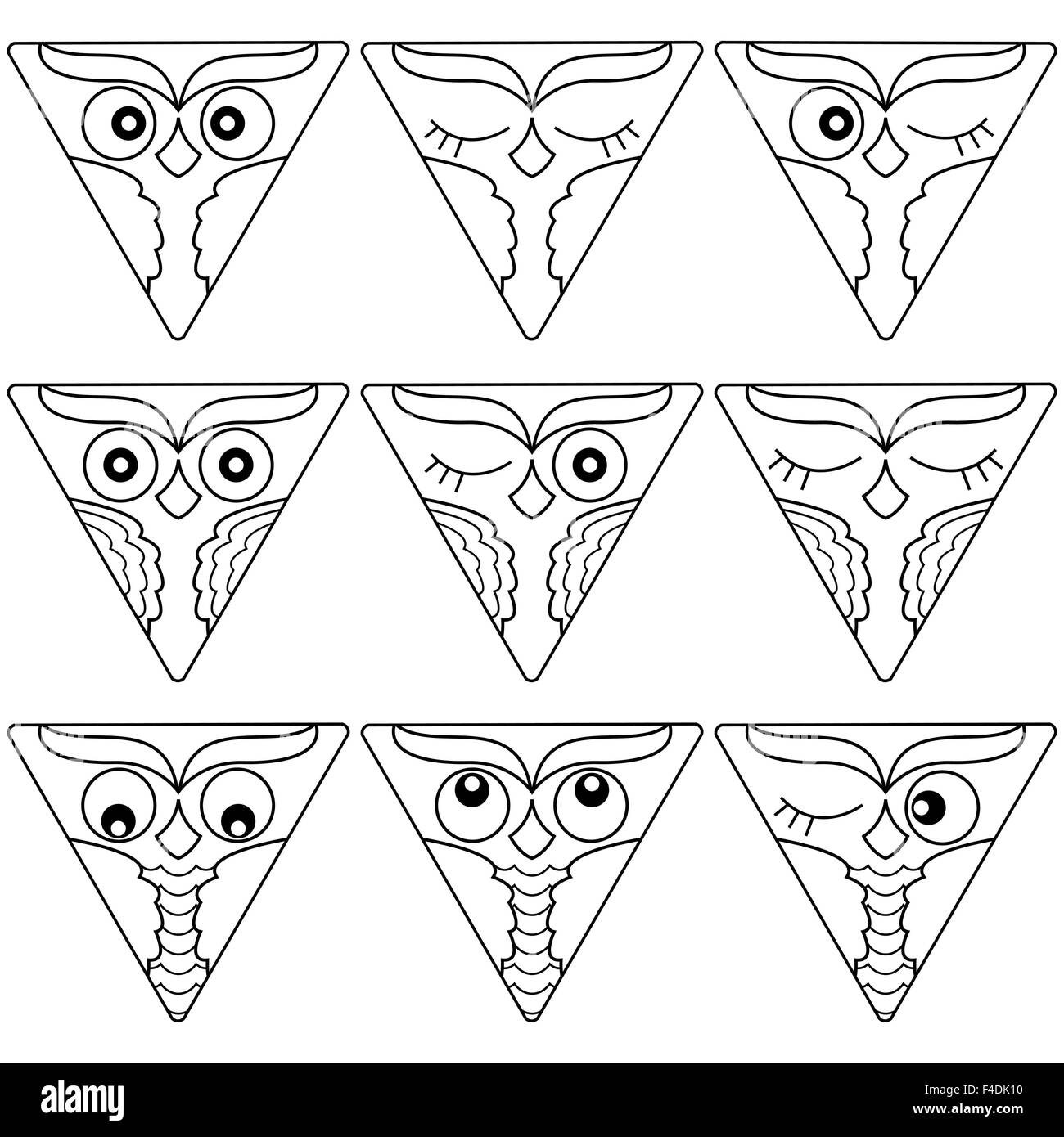 Satz von neun süße Eule Gesichter in einem Kreis platziert und isoliert auf einem weißen Hintergrund, Cartoon Vektor schwarze Konturen als Symbole Stock Vektor