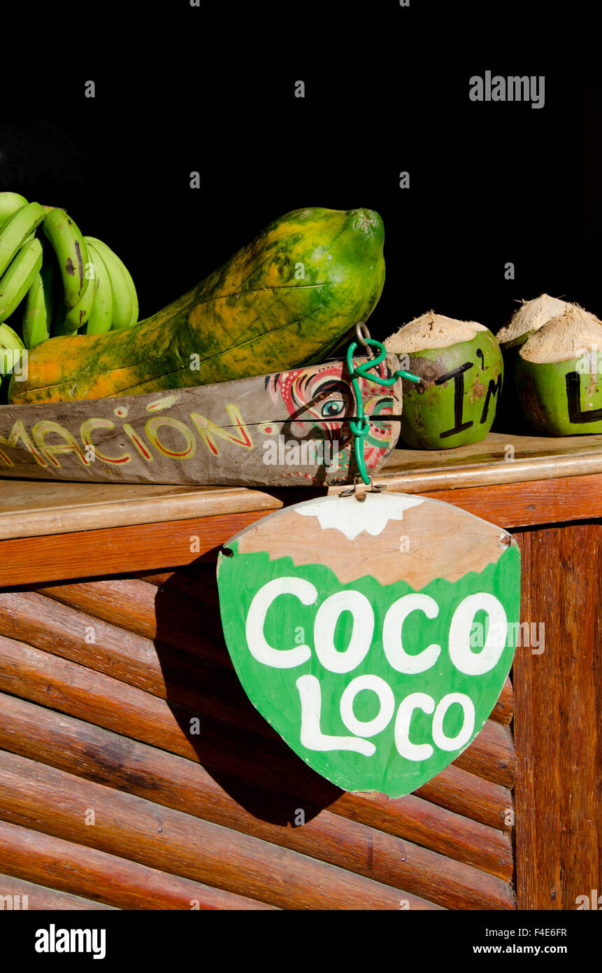 Guatemala, Izabal, Livingston. Die Hafenstadt liegt an der Mündung des Rio Dulce am Golf von Honduras. Coco Loco, Café, das frische kalte Kokosnuss Getränke verkauft. Stockfoto
