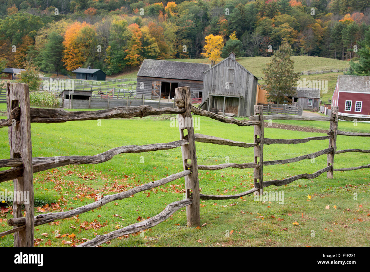 Bauernmuseum Cooperstown, New York. Historische Scheune mit Herbstfarben. (Großformatige Größen erhältlich) Stockfoto