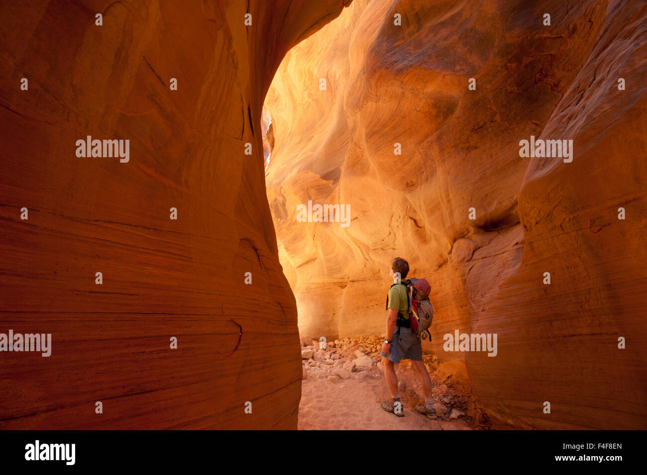 Wandern in Slotcanyon, Buckskin Gulch, Paria Canyon - Vermillion Cliffs Wilderness Area, Vermillion Cliffs National Monument, Bureau of Land Management, BLM, in der Nähe von Kanab, Utah und Page, Arizona (MR) Stockfoto