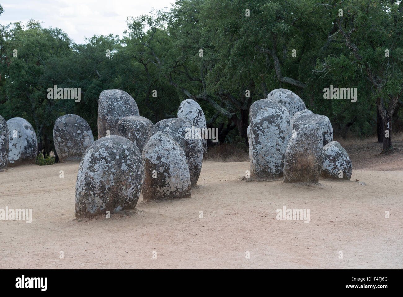 Menhire in Megalith Denkmal der Cromelech Dos Almendres - Evora-Portugal Stockfoto