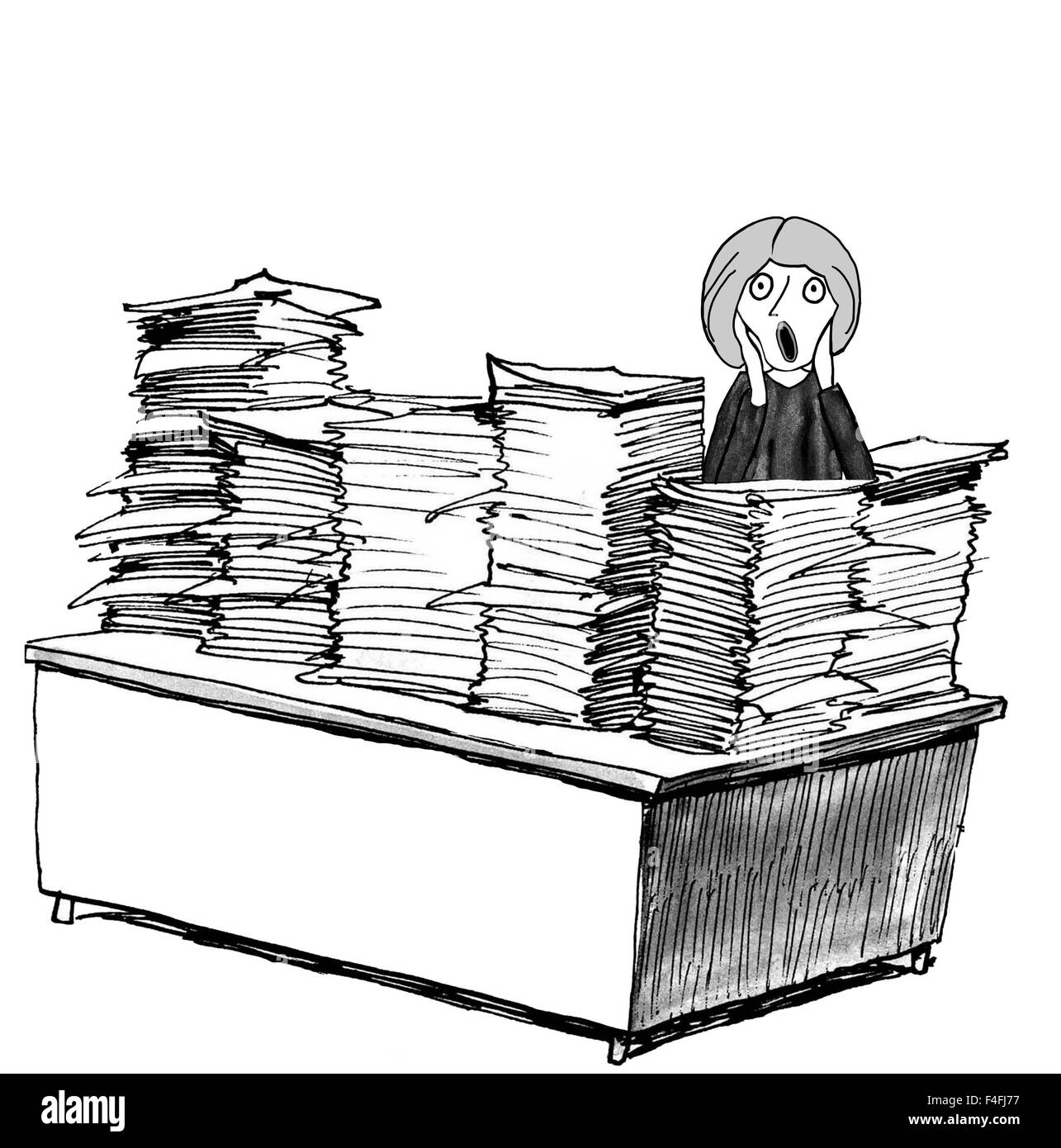 Professionelle Cartoon Zeigt Frau Schreien Weil Ihr Schreibtisch Stapel Und Stapel Von Papieren Voller Stockfotografie Alamy