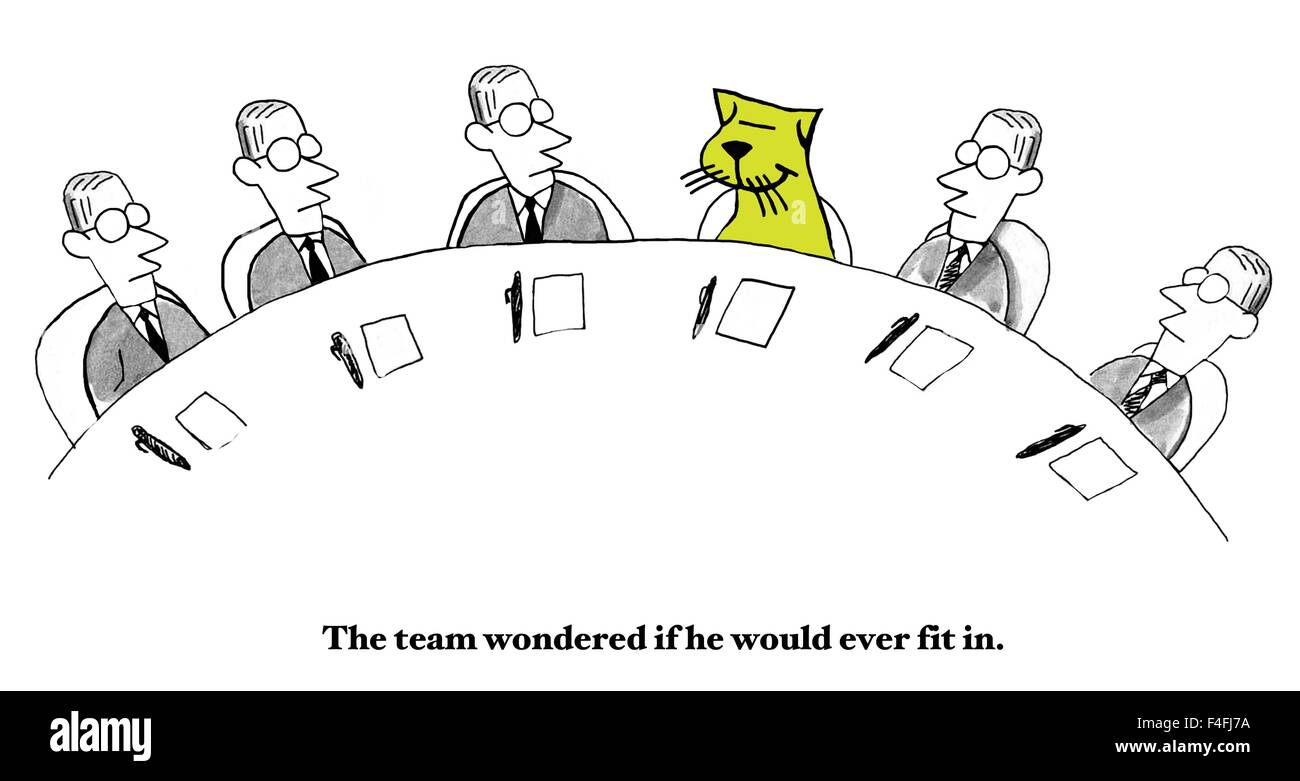 Professionelle Cartoon zeigt fünf identische Männer und unsere Katze, "das Team gefragt, ob er jemals passen würde". Stockfoto