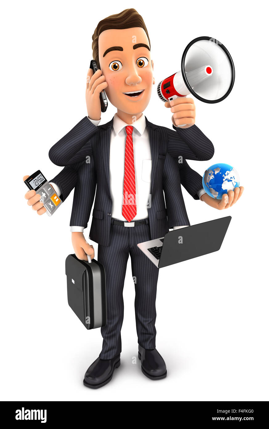 3D Geschäftsmann Multitasking mit sechs Armen, isolierten weißen Hintergrund Stockfoto