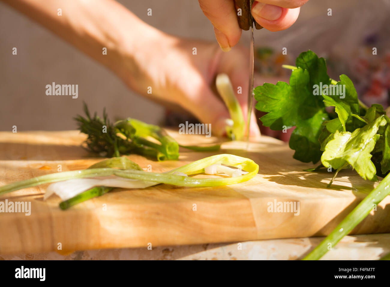 Petersilie und Dill auf Holzbrett. Zubereitung von Gemüse Salat/frische Gemüse/frisch Salat mit Olivenöl Stockfoto