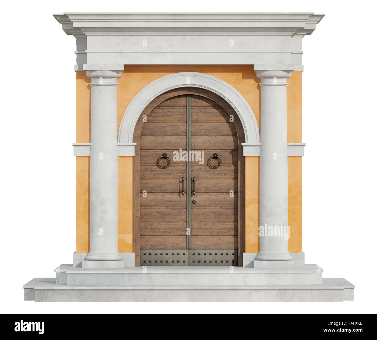 Frontansicht eines klassischen Portal in Toskana Reihenfolge mit Holztür isoliert auf weiss - 3D Rendering Stockfoto