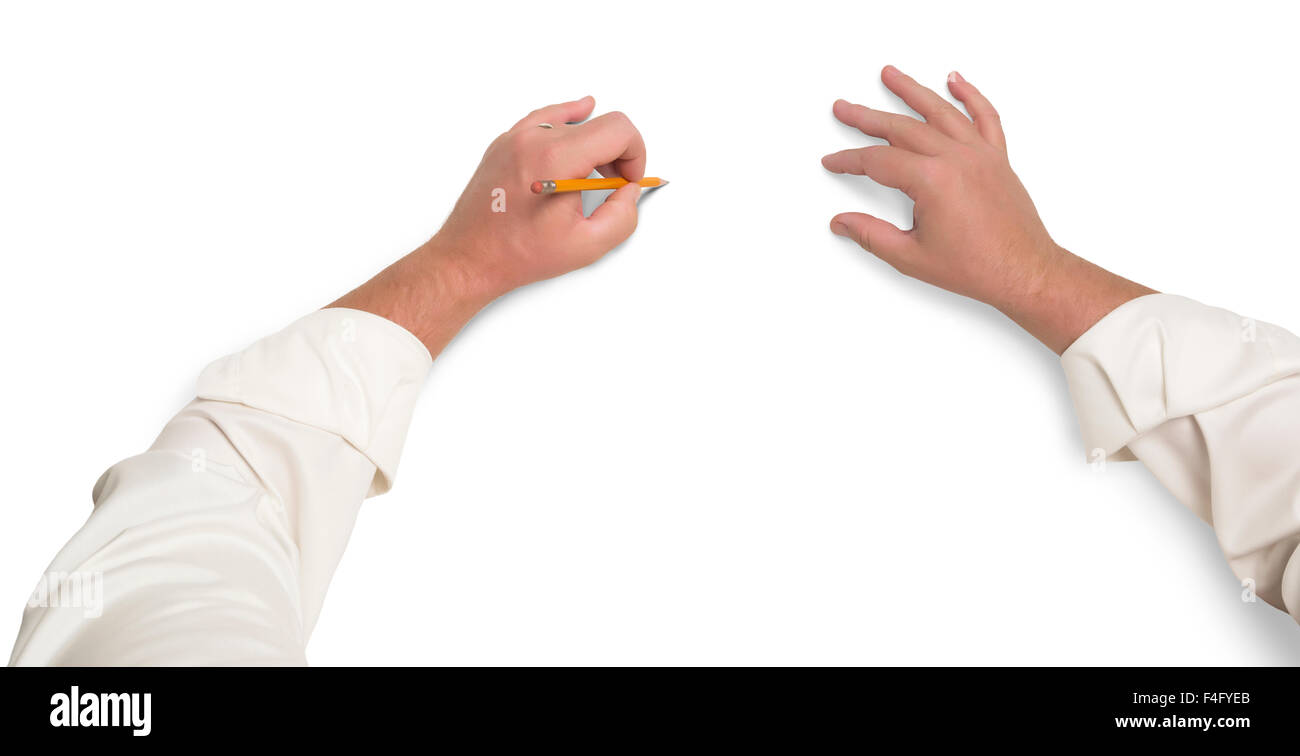 Männliche Hände skizzieren mit Bleistift auf weißem Hintergrund. Stockfoto