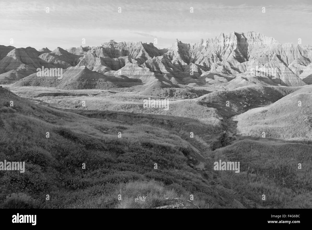 Badlands-Landschaft, geformt durch Ablagerung und Erosion durch Wind und Wasser, enthält einige der reichsten fossilen Betten in der Welt Stockfoto