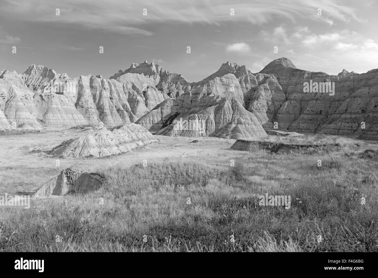 Badlands-Landschaft, geformt durch Ablagerung und Erosion durch Wind und Wasser, enthält einige der reichsten fossilen Betten in der Welt Stockfoto