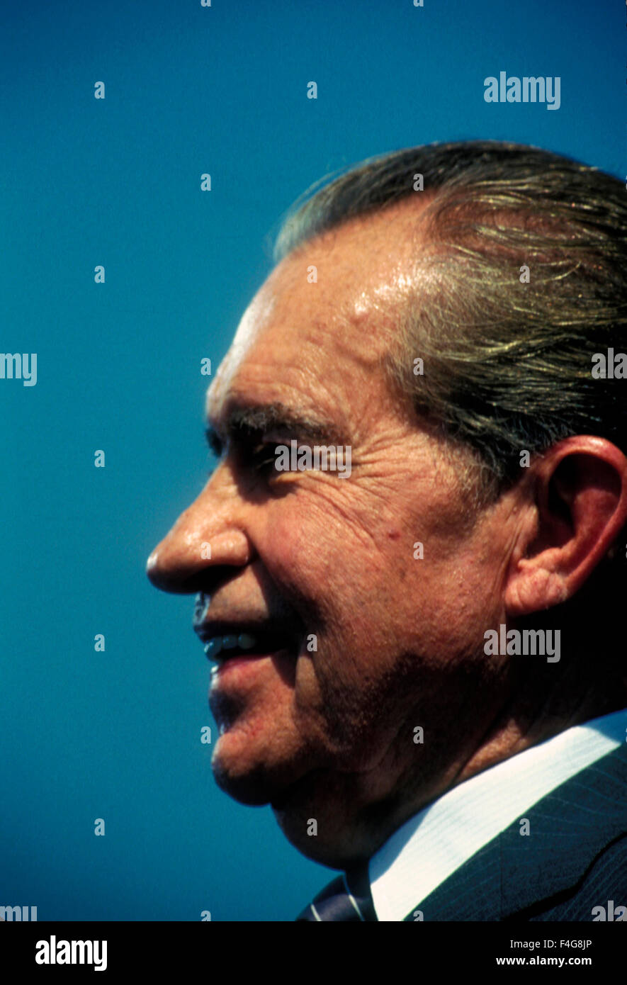 Ehemaliger Präsident Richard Nixon bei der Eröffnung der Nixon Presidential Library in Yorba Linda, Kalifornien, im Juli 1990. Stockfoto