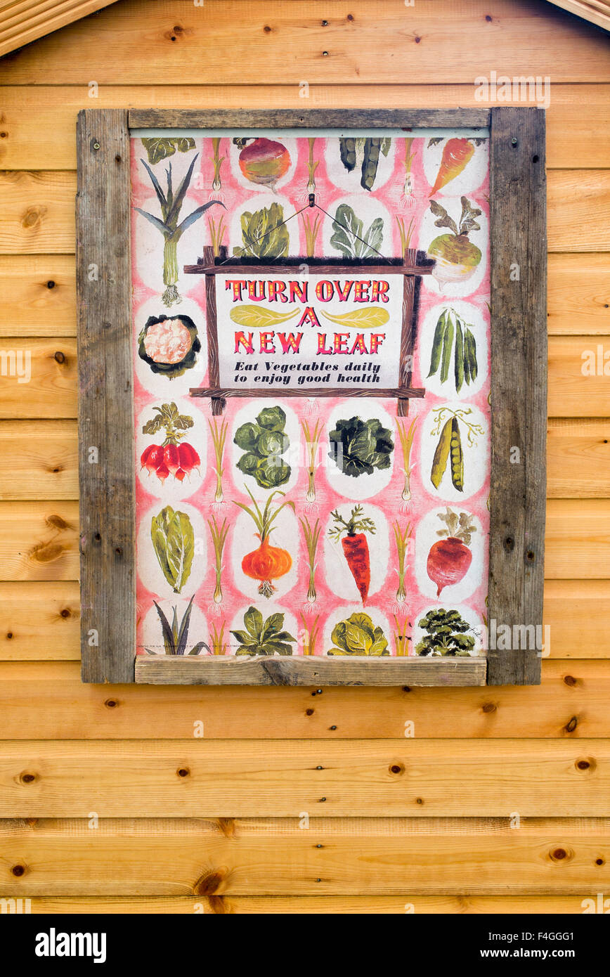 Drehen Sie ein neues Blatt um, essen Sie Gemüse täglich, um ein Poster für gute Gesundheit auf einer Herbstshow zu genießen. VEREINIGTES KÖNIGREICH Stockfoto