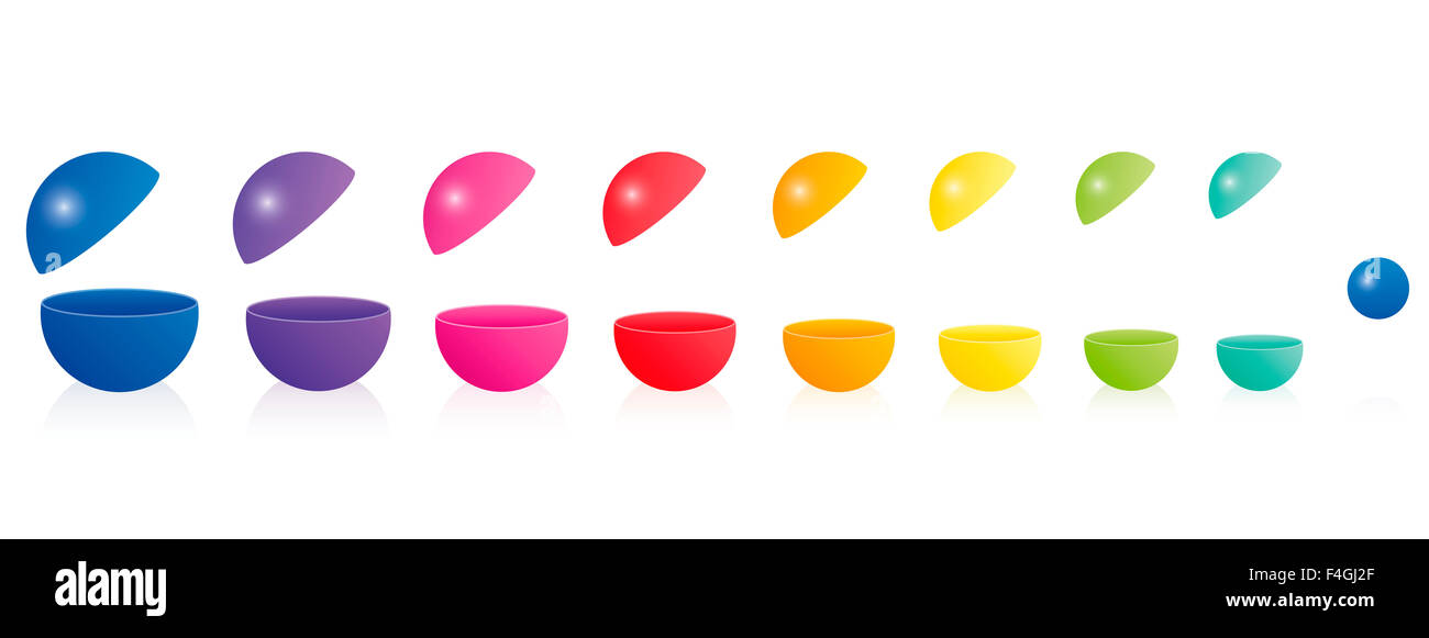 Spielzeug aus Plastik Kugeln - leere hohle öffnen ausfüllbare bunt - bilden einen Regenbogen Zeile farbig wie die russische Puppe Spiel nisten. Stockfoto