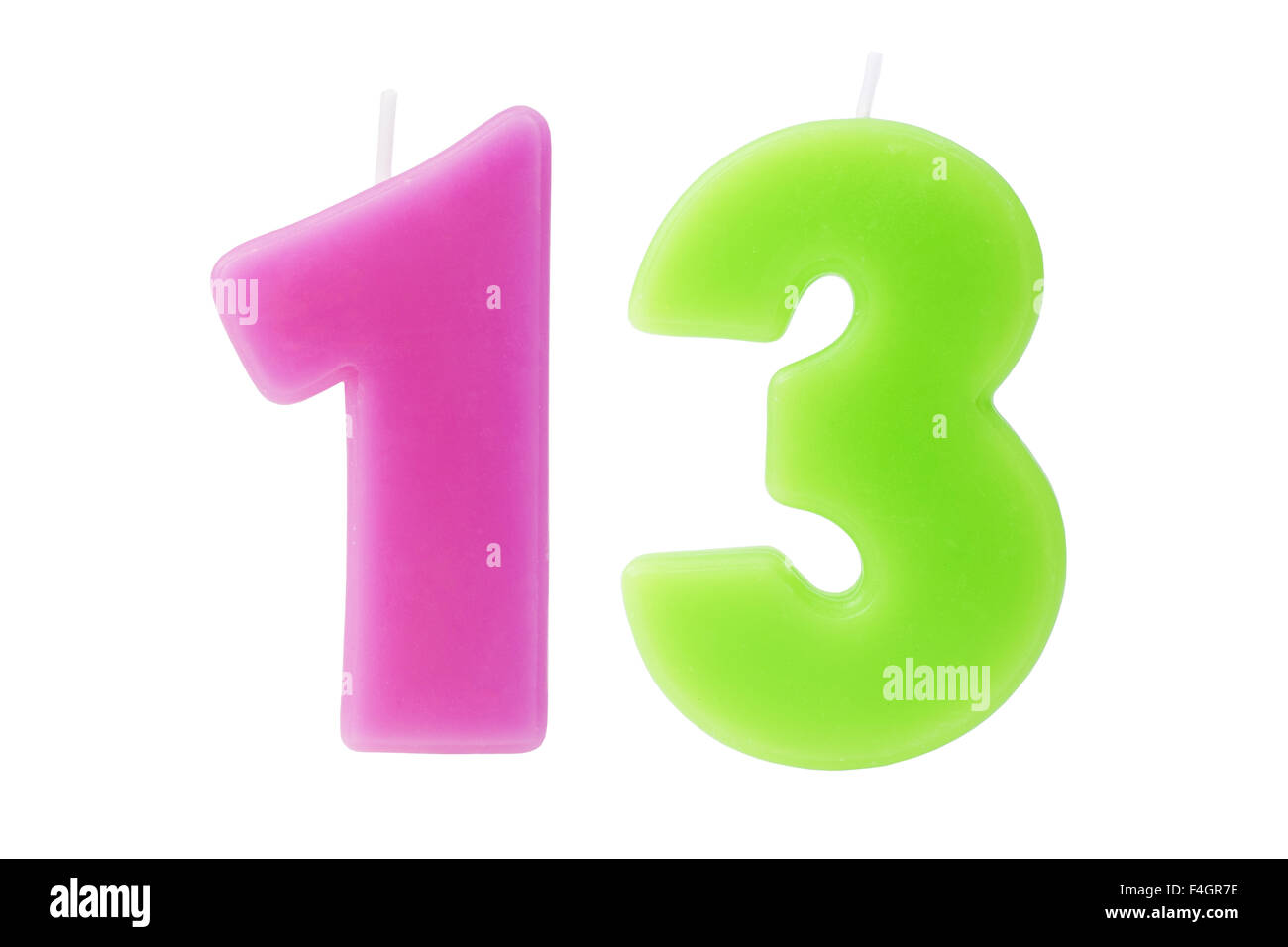 Bunte Geburtstagskerzen in Form von die Nummer dreizehn auf weißem Hintergrund Stockfoto
