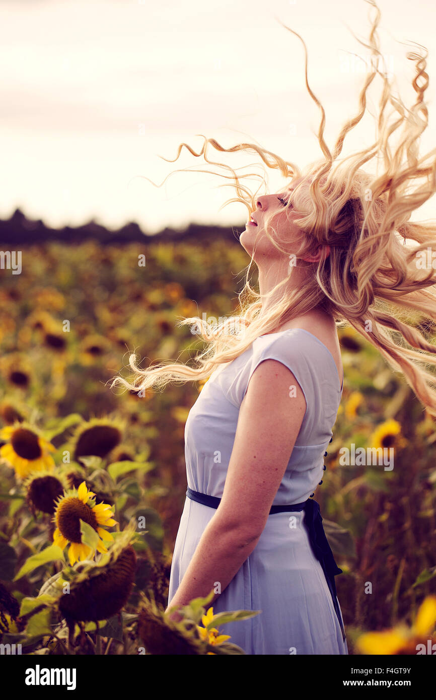 Schöne blonde Frau in einem Sonnenblumenfeld Stockfoto