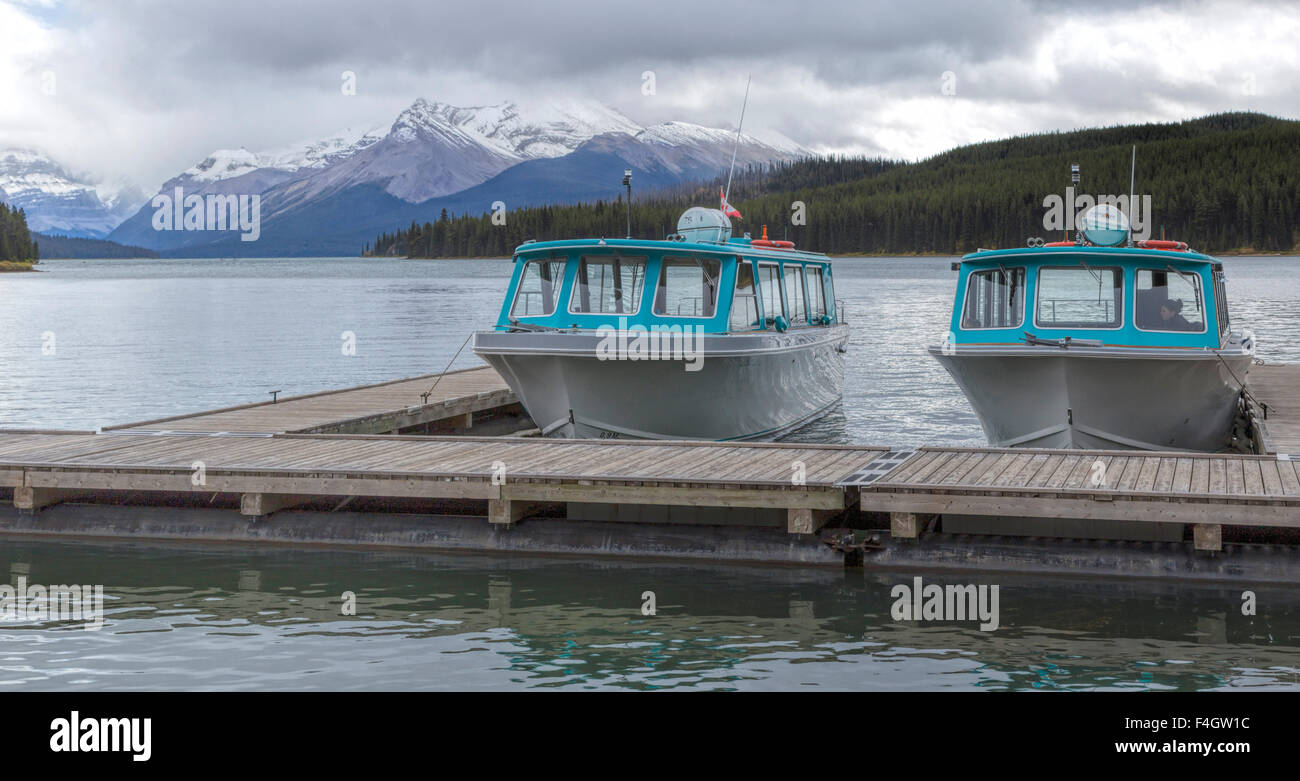 Vertäut Ausflugsboote am Maligne Lake im Jasper-Nationalpark, Rocky Mountains, Alberta, Kanada. Stockfoto