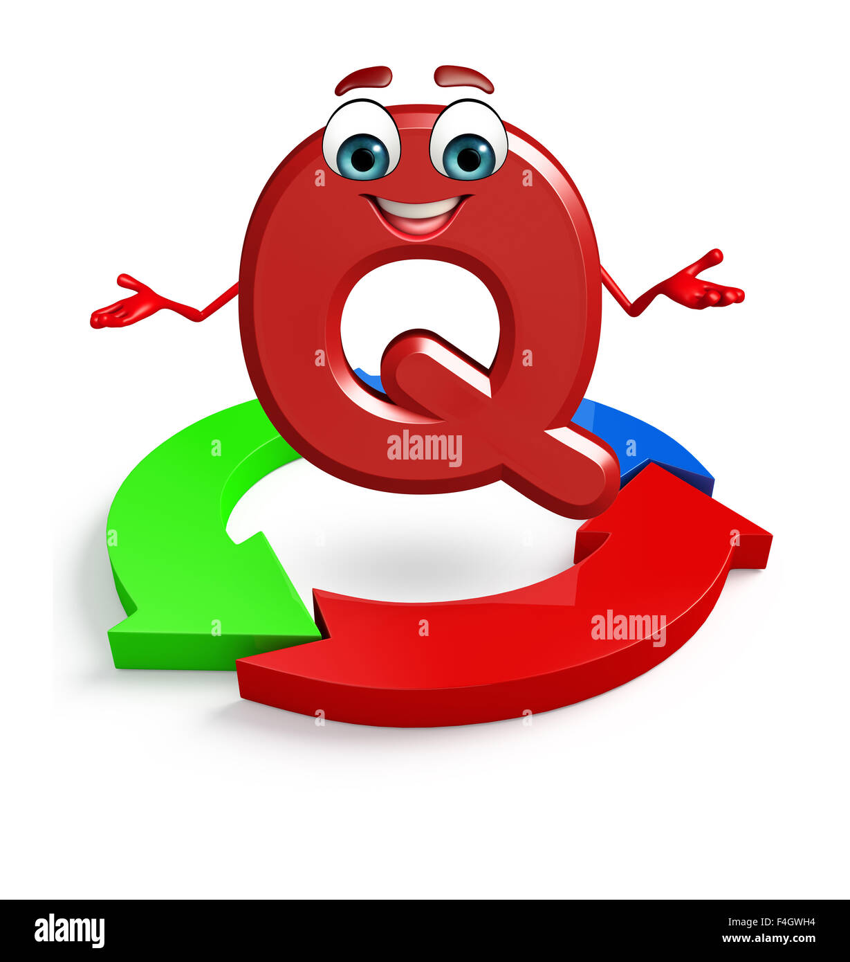 3D gerenderte Darstellung des Alphabets Q-Cartoon-Figur mit Pfeil