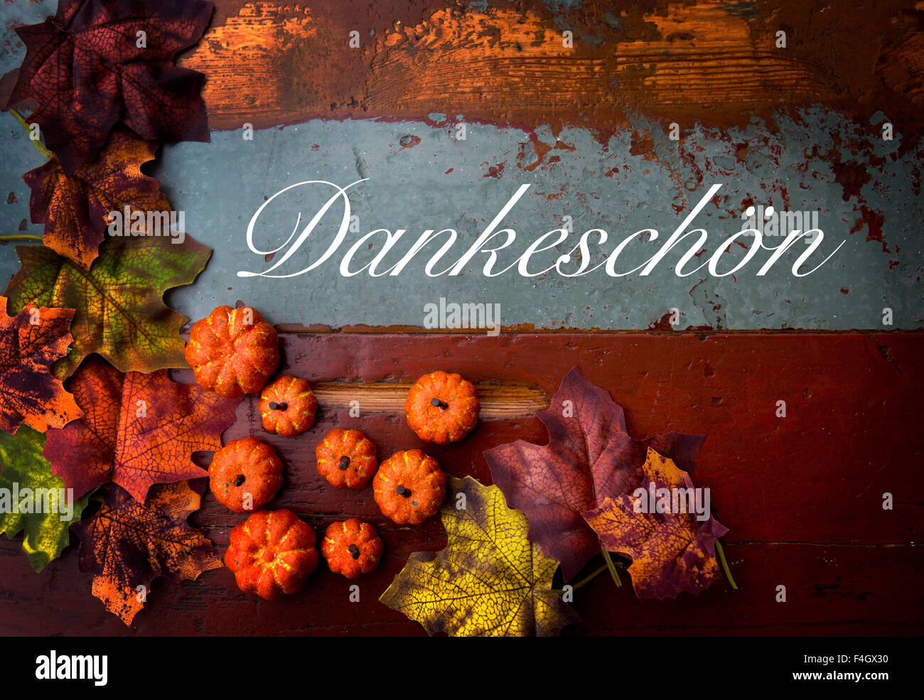 deutsche Wort "Dankeschoen" (danke) auf Vintage Altholz mit Kürbisse und Blätter Stockfoto
