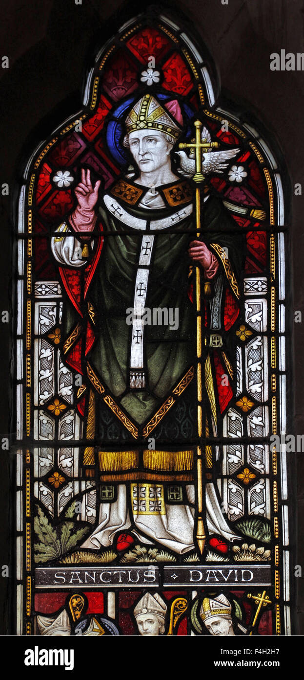 Glasfenster St. David, Patron von Wales, Dixton Kirche, Monmouthshire, Wales Stockfoto