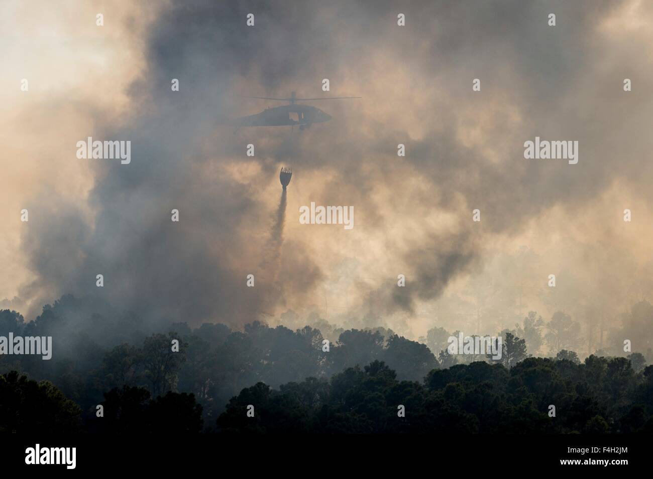 Ein Texas Army National Guard UH-60 Black Hawk Hubschrauber Tropfen Wasser auf das versteckte Pines Feuer 14. Oktober 2015 in der Nähe von Bastrop, Texas. Stockfoto