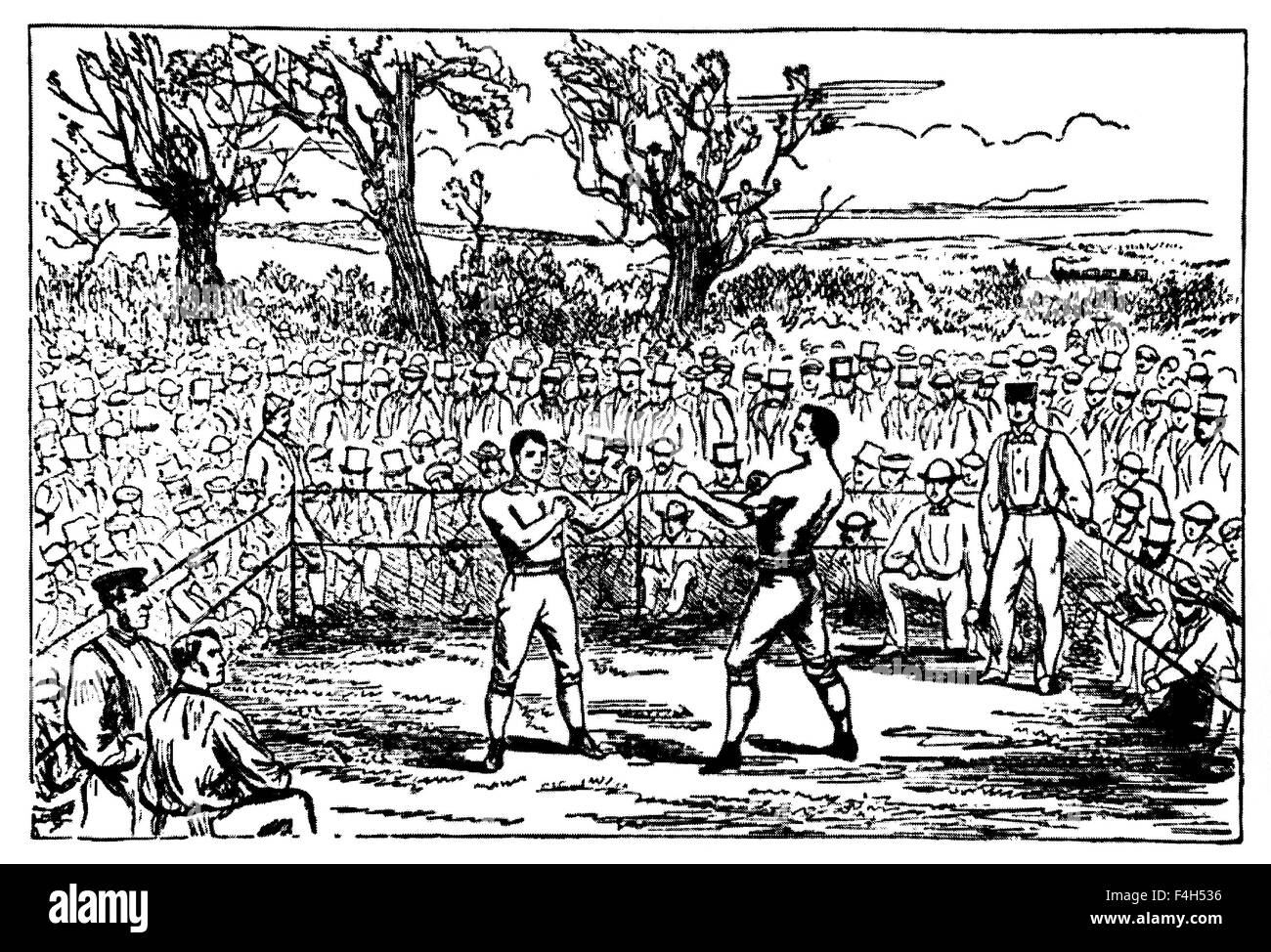 Oldtimer Zeitung Abbildung Darstellung der berühmten 1860 bloßen Fäusten kämpfen zwischen Tom Sayers (1826 – 1865), Meister von England und American Champion John C Heenan (1834-1873). Die Kampf zwischen Sayers, bekannt als "The Brighton Boy" und Heenan, genannt "The Benicia Boy", gilt als die erste jemals "Weltmeisterschaft" Schlacht im Boxen. Es fand in Farnborough, Hampshire, England, am 17. April 1860 und endete mit einem Remis nach 42 Runden als Zuschauer den Ring erobert und Polizei Verfahren stoppte. Stockfoto