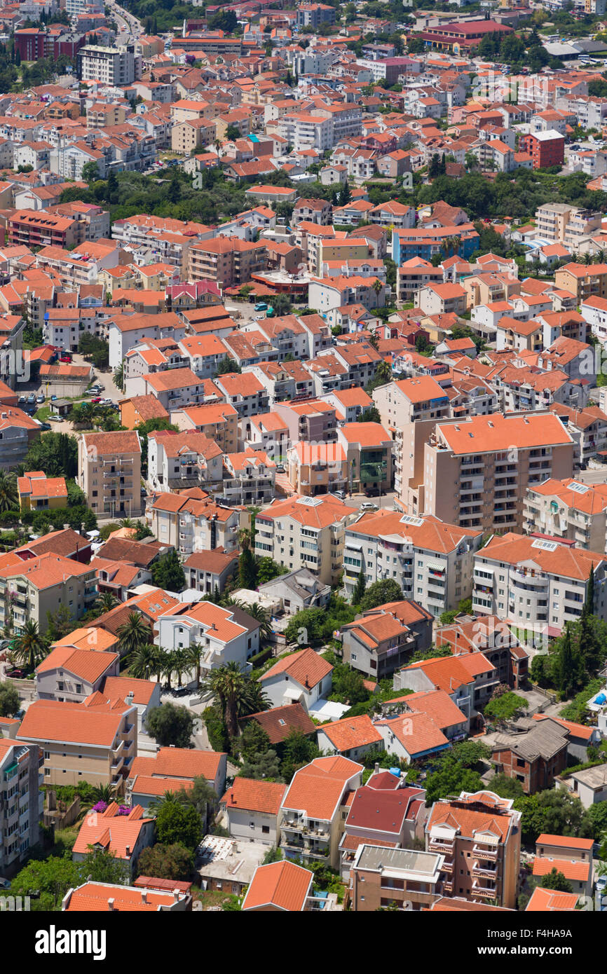 Budva, Montenegro. Blick von der Dachterrasse. Stockfoto
