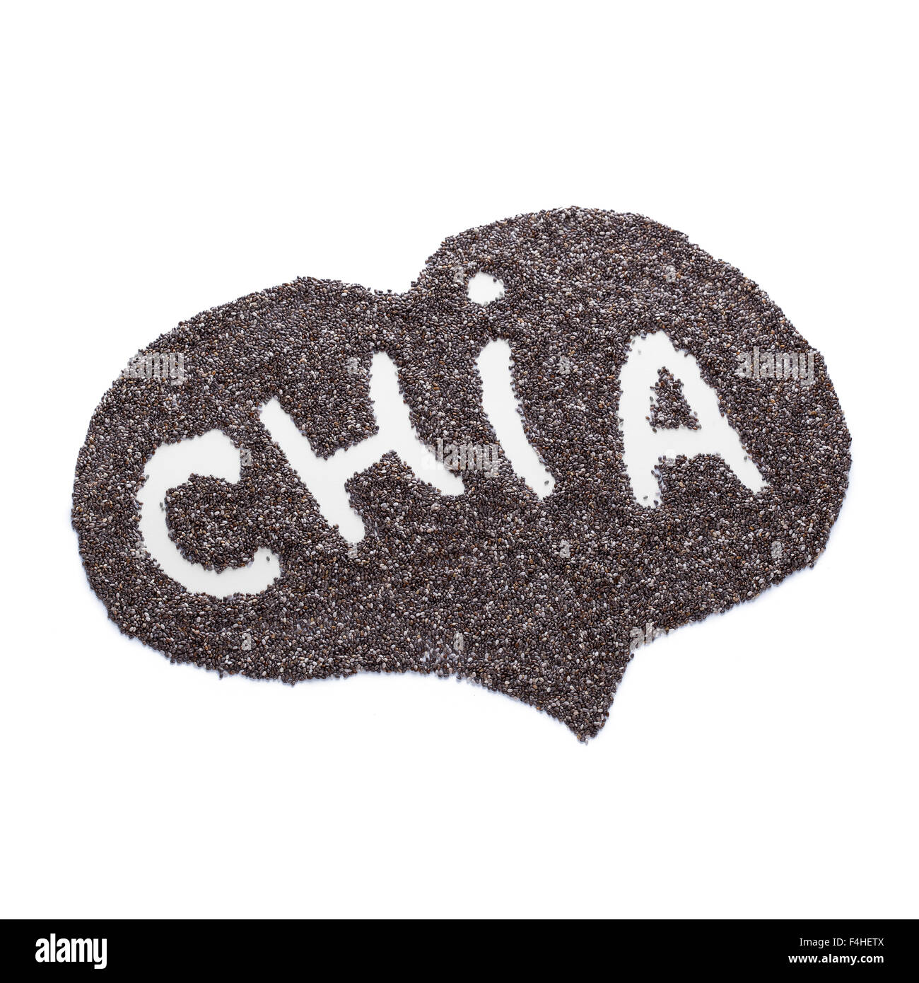 Handgemachte geschrieben Wort Chia in Herzform aus Chiasamen auf weiße, selektiven Fokus Stockfoto