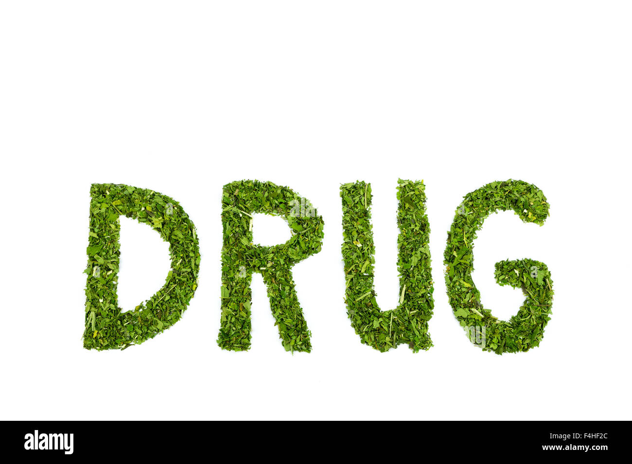 Wort Droge Briefe von grünen Hanf gemacht verlässt isolierten auf weißen Hintergrund Stockfoto