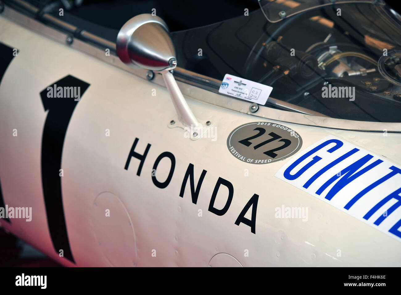 Die Seite von einem klassischen Honda F1-Boliden auf dem Display auf dem Goodwood Festival of Speed im Vereinigten Königreich. Stockfoto