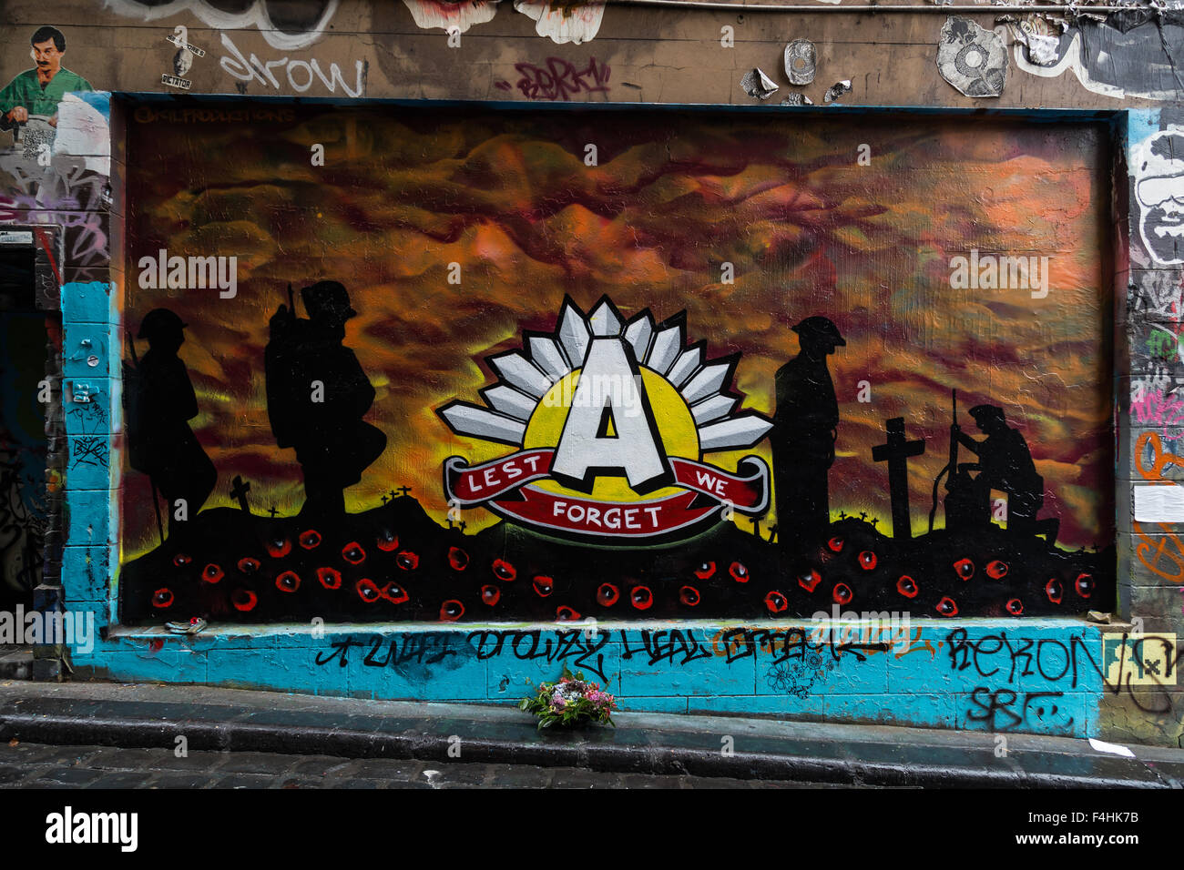 Melbourne, Australien - 25. April 2015: Foto von einem Graffiti für den ANZAC Tag zum Gedenken an Soldaten kämpften und starben alle Stockfoto