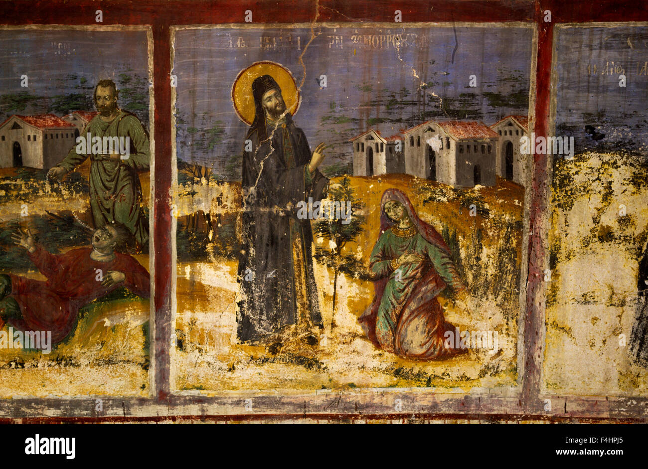 Griechisch-orthodoxe Ikonographie des 19. Jahrhunderts im Kloster Zavorda (Saint Nicanor), in Griechenland. Stockfoto