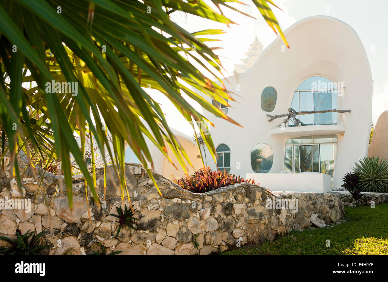 Außenansicht des Hauses Conch Shell. Isla Mujeres, Quintana Roo, Mexiko. Stockfoto