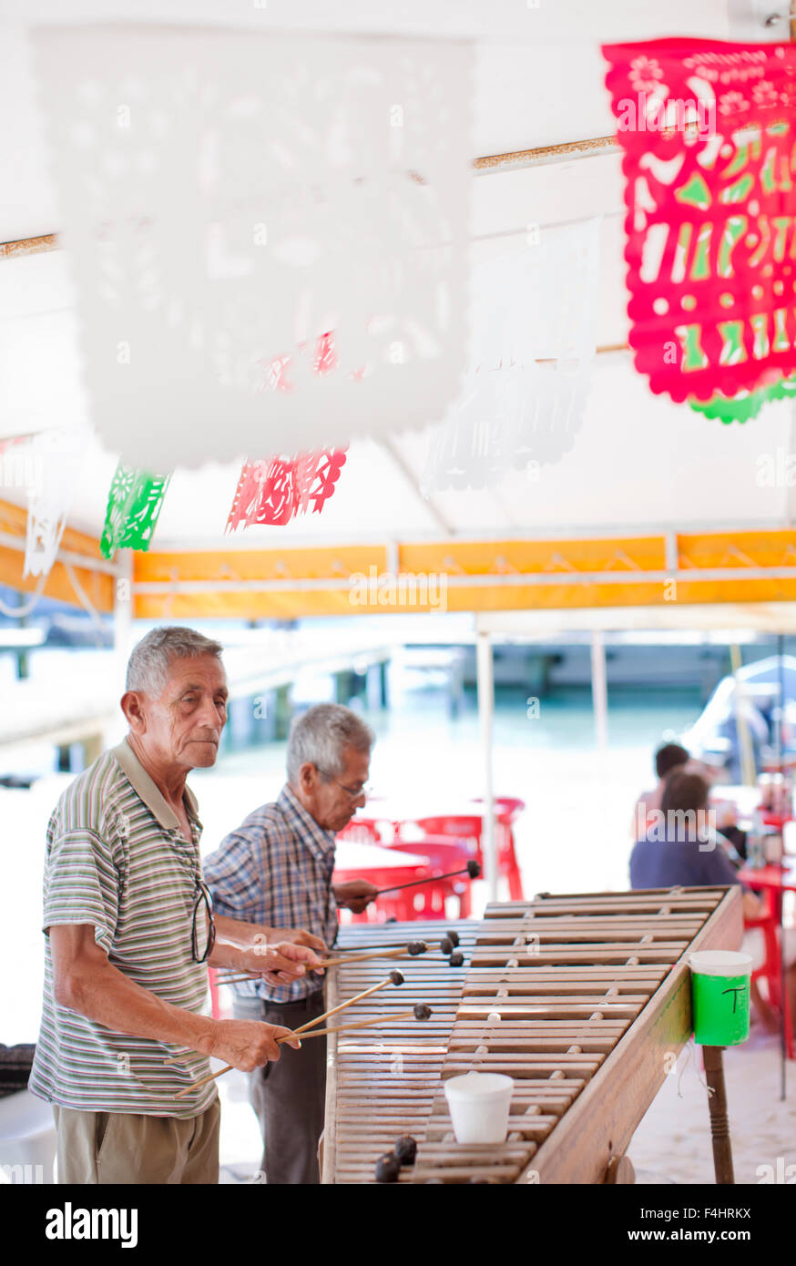 Man spielt Xylophon bei Minino, unter freiem Himmel, Zelt-Stil-Meeresfrüchte-Restaurant in der Nähe der Docks von Isla Mujeres, Mexiko Stockfoto