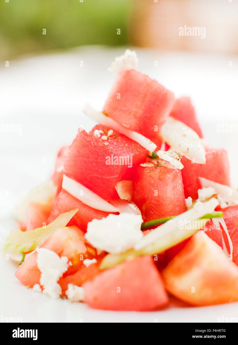 Wassermelone und Feta-Käse-Salat. Cancún, Quintana Roo, Mexiko... Stockfoto