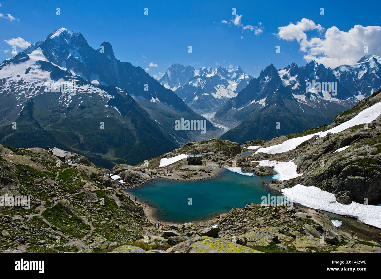 Blick über den Bergsee Lac Blanc in den französischen Alpen Mojntain Bereich, Chamonix, Frankreich Stockfoto