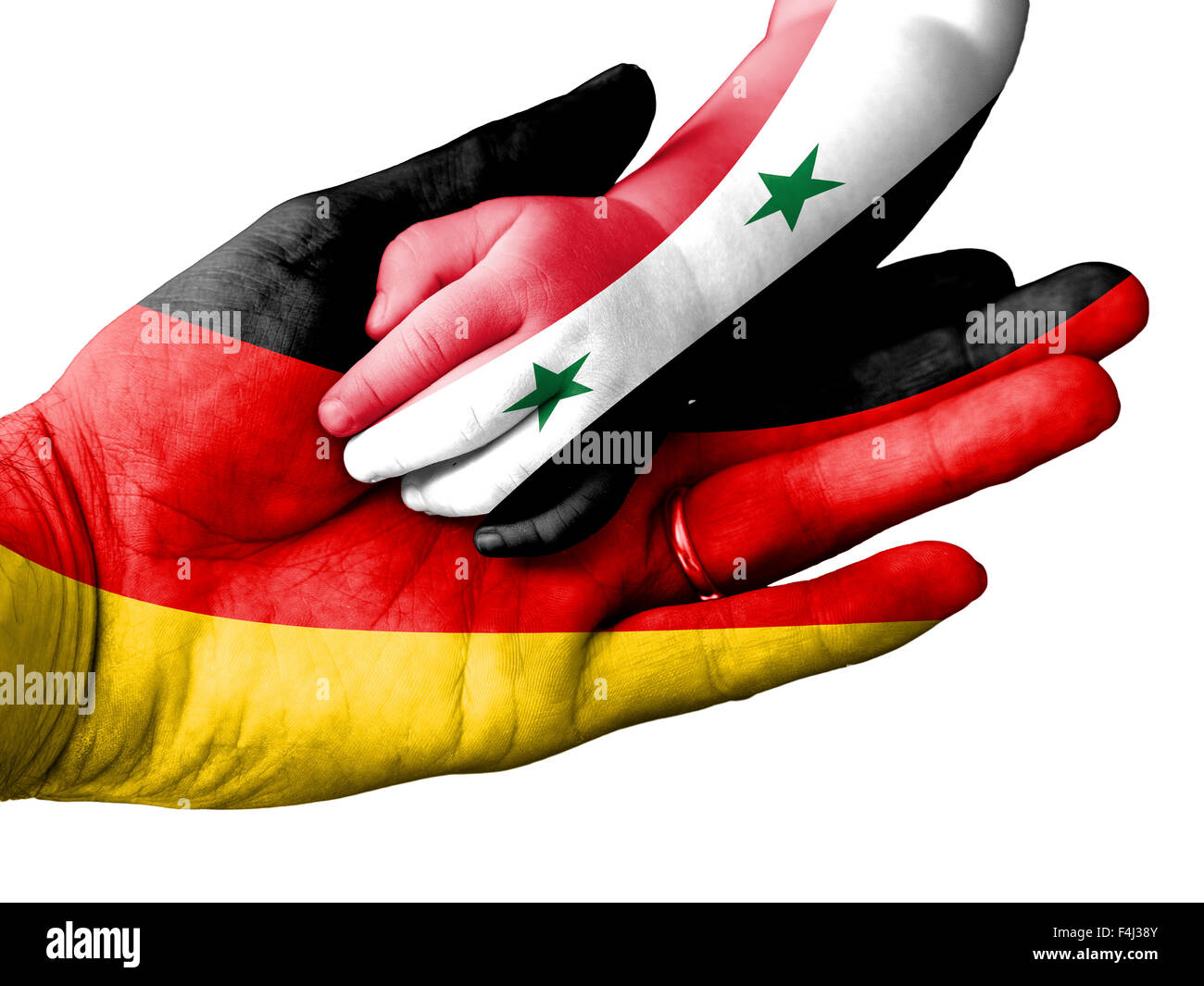 Flagge von Deutschland überlagert die Hand eines erwachsenen Mannes, die im Besitz einer Baby-Hand mit der Flagge Syriens überdruckt Stockfoto