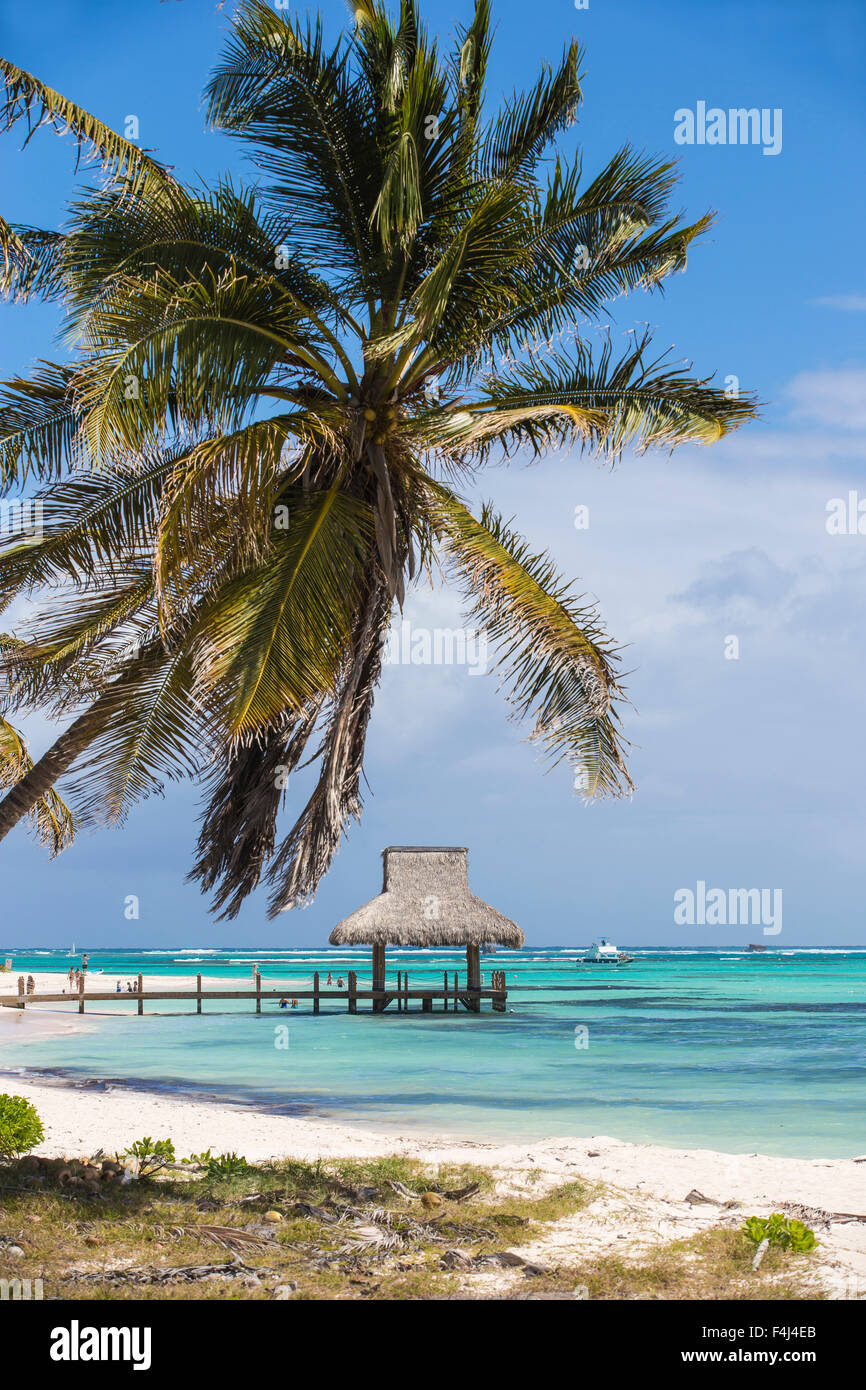 Holzsteg mit strohgedeckten Hütte, Playa Blanca, Punta Cana, Dominikanische Republik, West Indies, Karibik, Mittelamerika Stockfoto