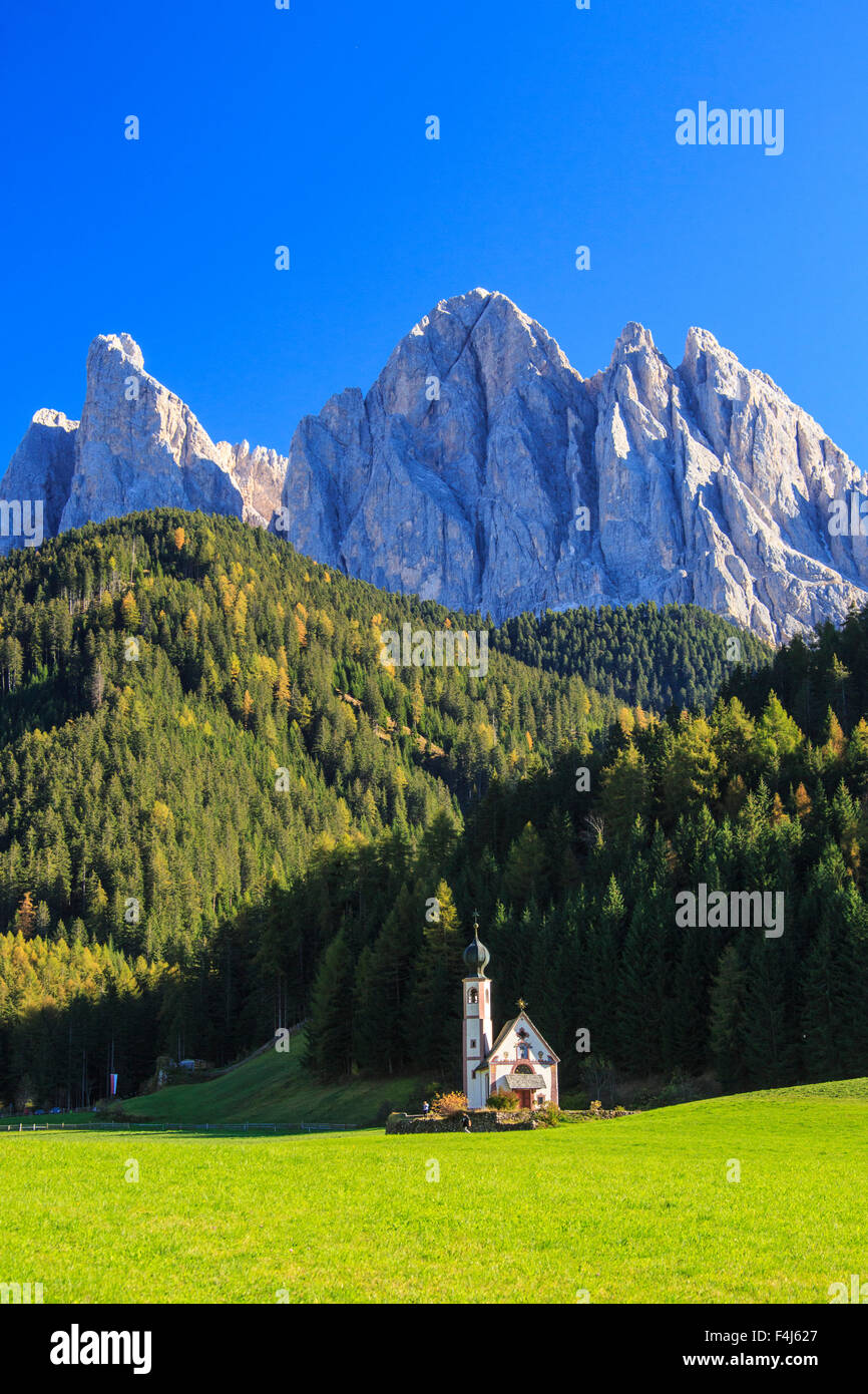 Kirche von Ranui inmitten grüner Wiesen im Herbst, St. Magdalena, Villnösser Tal, Südtirol, Dolomiten, Italien, Europa Stockfoto