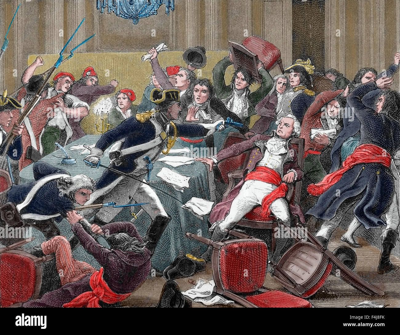 Thermidorian Reaktion. 9. Thermidor. 27. Juli 1794. Ergebnis. Ende der Herrschaft des Terrors. Paris. Frankreich. Gravur. des 19. Jahrhunderts. Farbige. Stockfoto