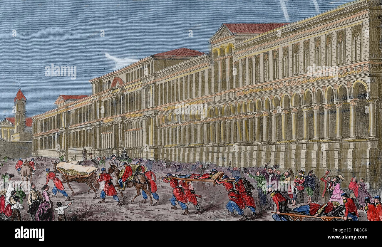 Italien. Mailand-Krankenhaus. Konvoi von Verwundeten aus der Schlacht von Magenta. 4. Juni 1859. Zweiten italienischen Unabhängigkeitskrieg. Farbige Gravur. Stockfoto