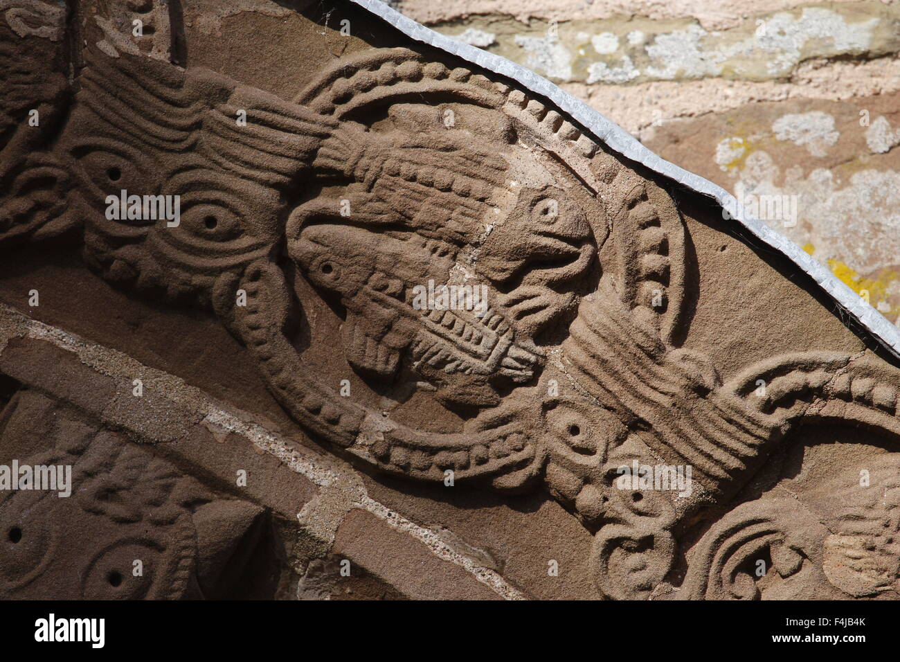 Fische, schnitzen, Kilpeck Kirche, Herefordshire, England Stockfoto