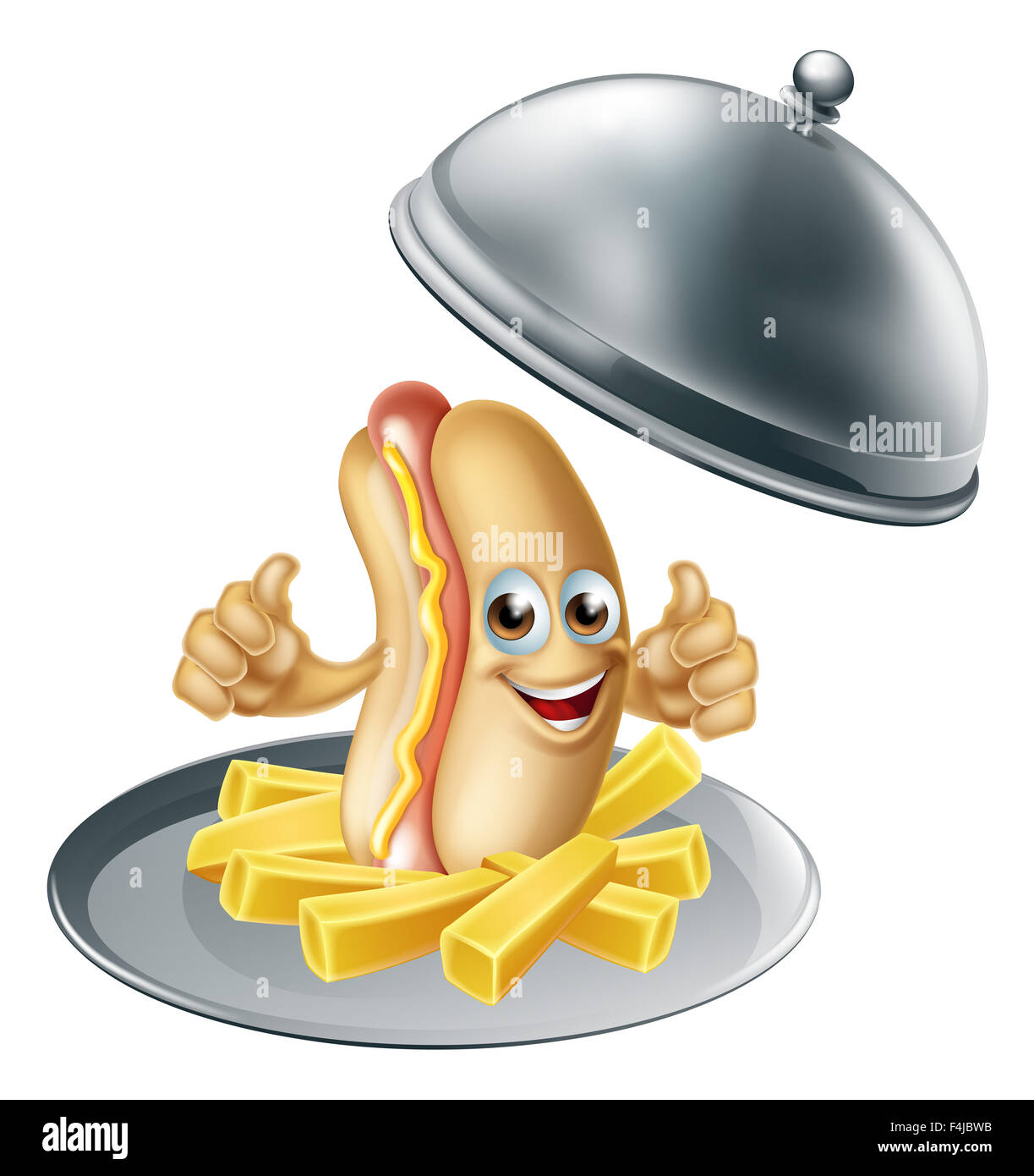 Eine Hot-Dog-Wurst-Cartoon-Figur auf einem silbernen Tablett Serviertablett mit Kartoffelchips, Pommes frites Stockfoto