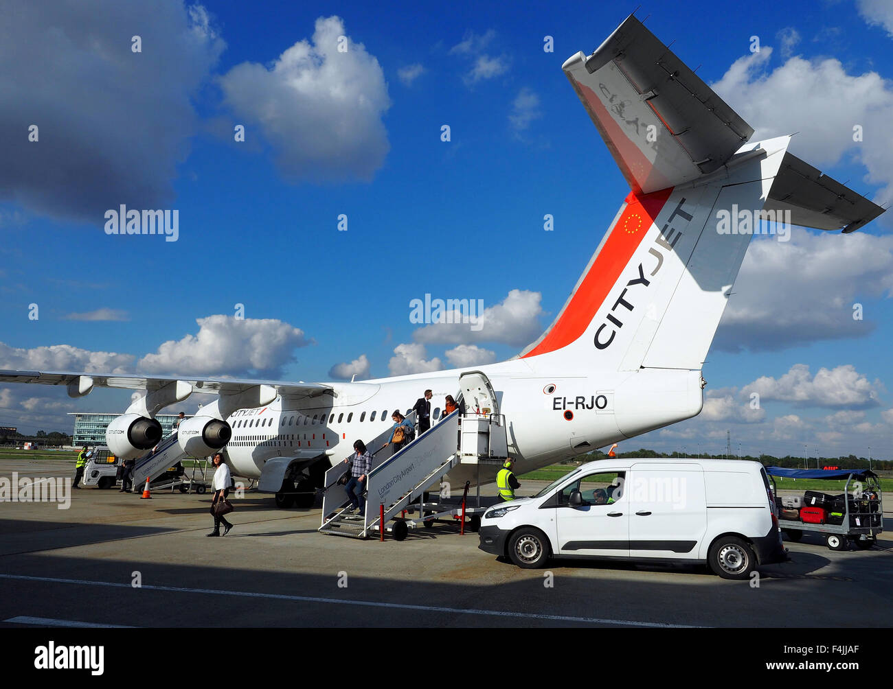 CityJet British Aerospace Avro RJ85 am London City Airport. London, England, UK Stockfoto
